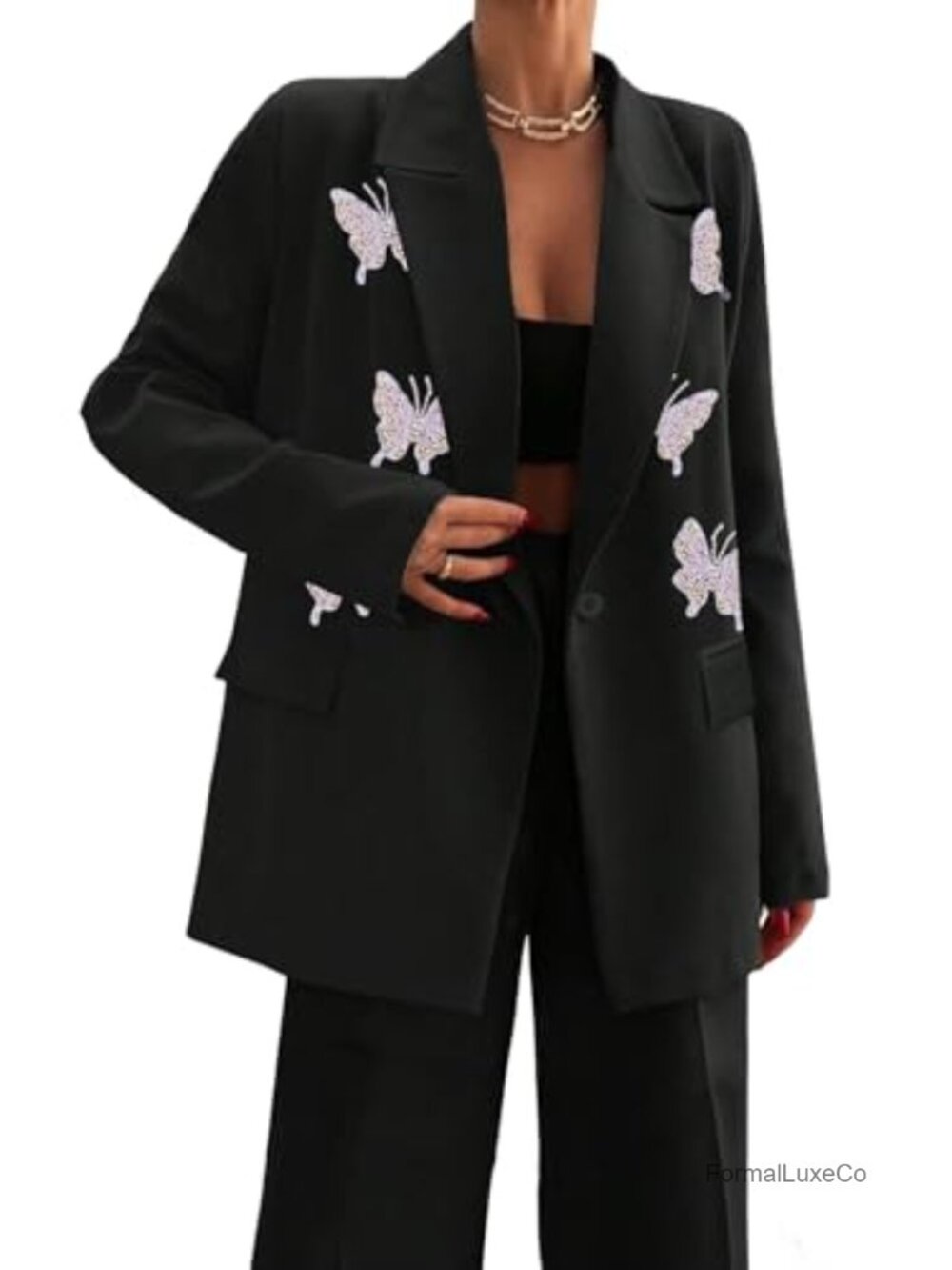 Women's Blazer 3D Butterfly Stones Beaded Long Sleeve Notch Lapel Pockets